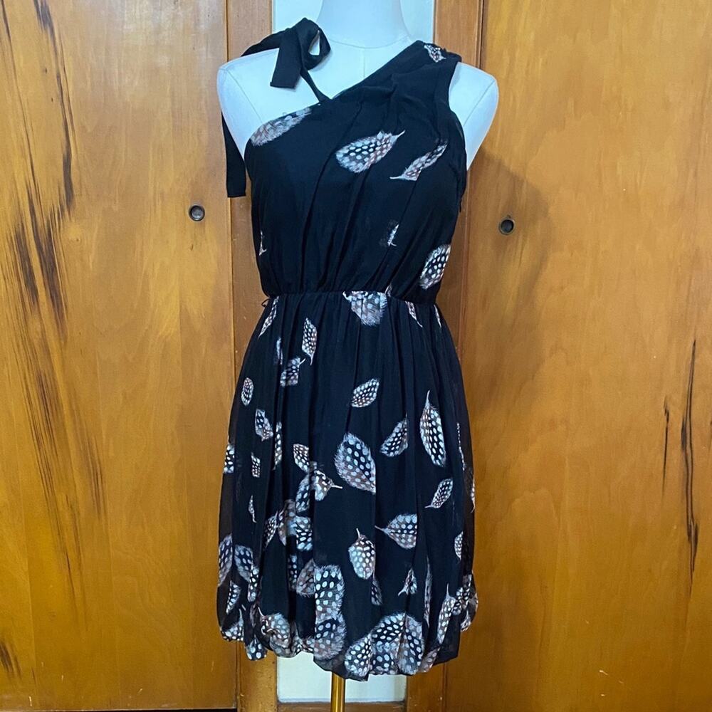 Leifsdottir Black One-Shoulder Dress Feather Pattern Bubble Hem Dark Fairy Boho